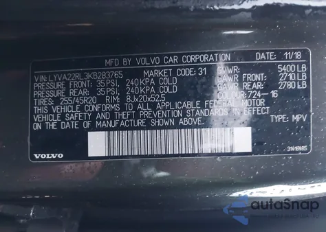 2019 Volvo Xc60 T6 Inscription from USA, damaged, VIN LYVA22RL3KB283765